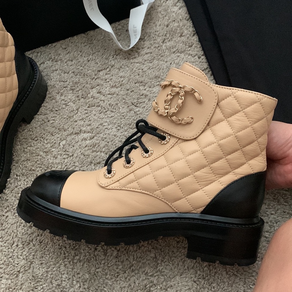 Chanel Lambskin Quilted Lace Up Combat Boots in Beige SZ 37